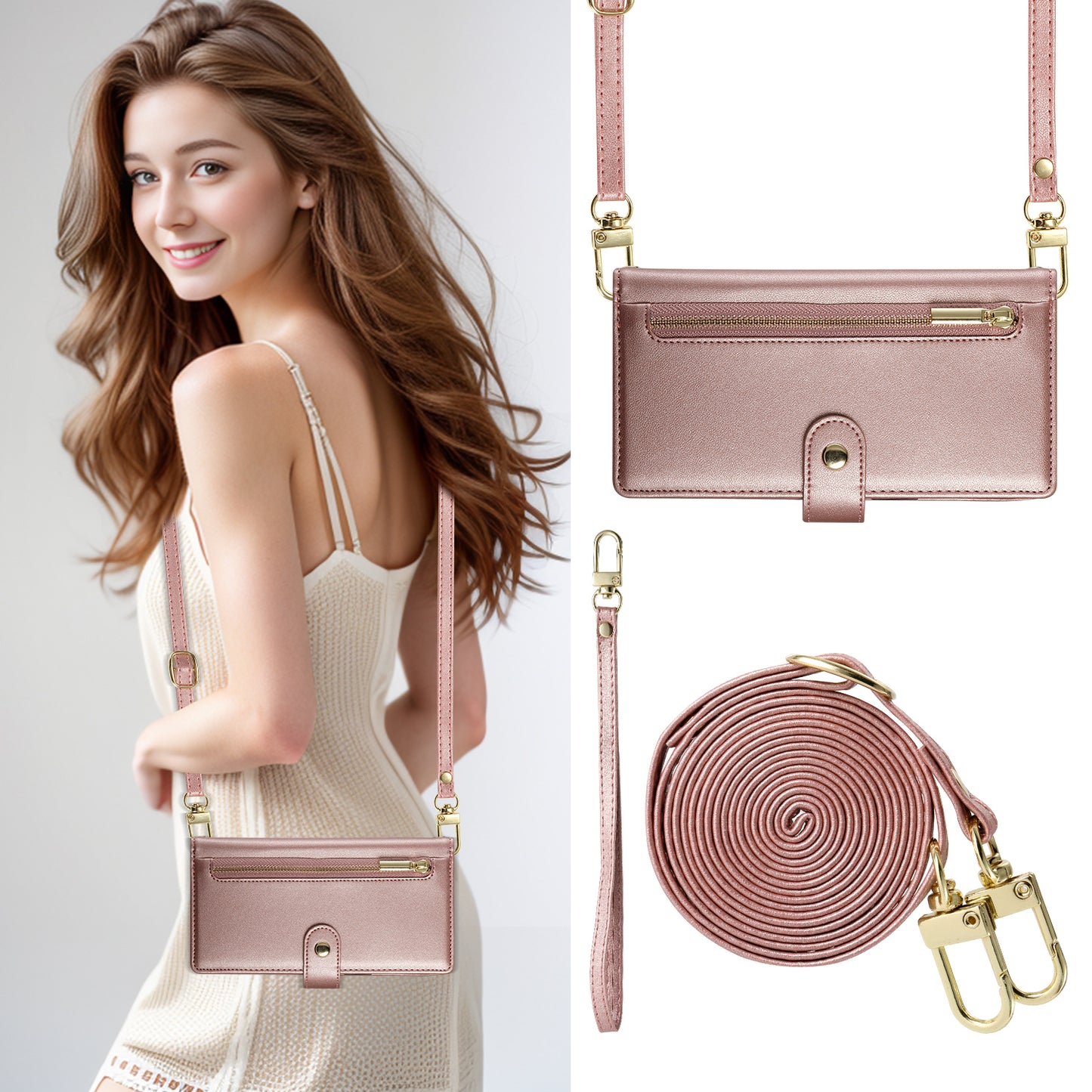 DF-011 For Samsung Galaxy A16 5G / A16 4G Case Zipper Pocket Wallet Leather Phone Cover with Straps - Pink