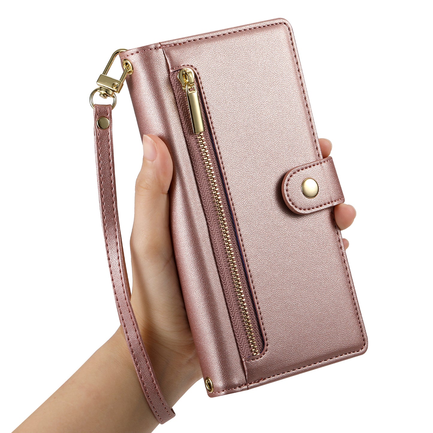 DF-011 For Samsung Galaxy A16 5G / A16 4G Case Zipper Pocket Wallet Leather Phone Cover with Straps - Pink