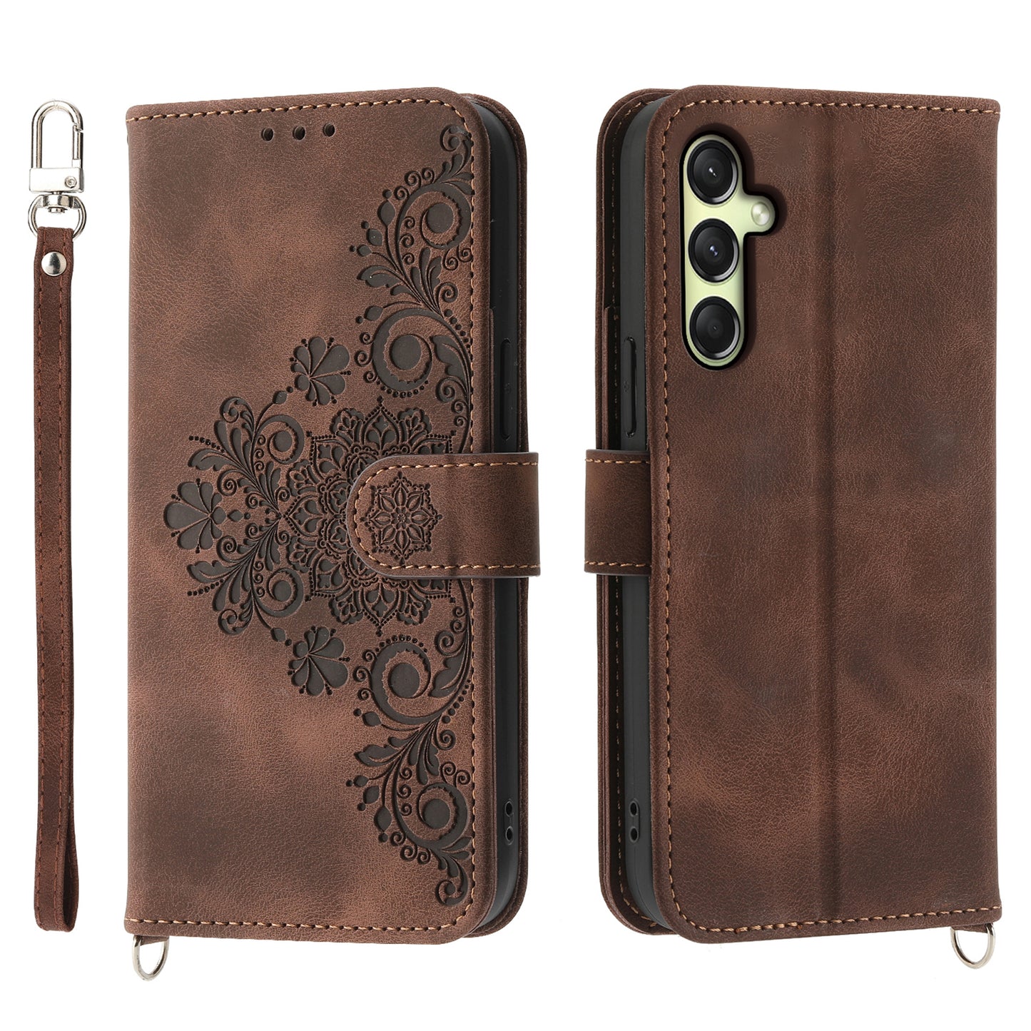 For Samsung Galaxy A16 5G / A16 4G Case Flower Pattern PU Leather Wallet Phone Cover with Strap - Brown