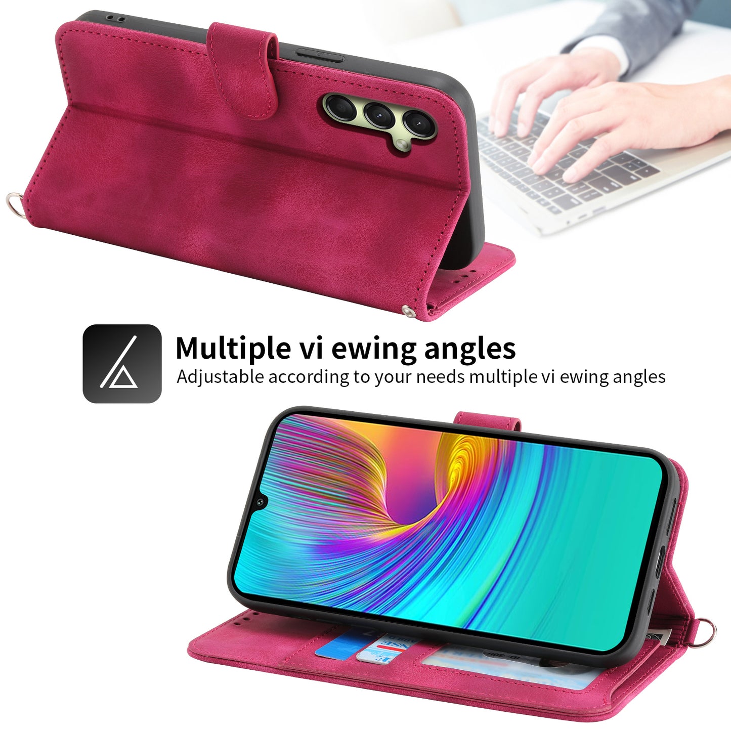 For Samsung Galaxy A16 5G / A16 4G Case Flower Pattern PU Leather Wallet Phone Cover with Strap - Wine Red