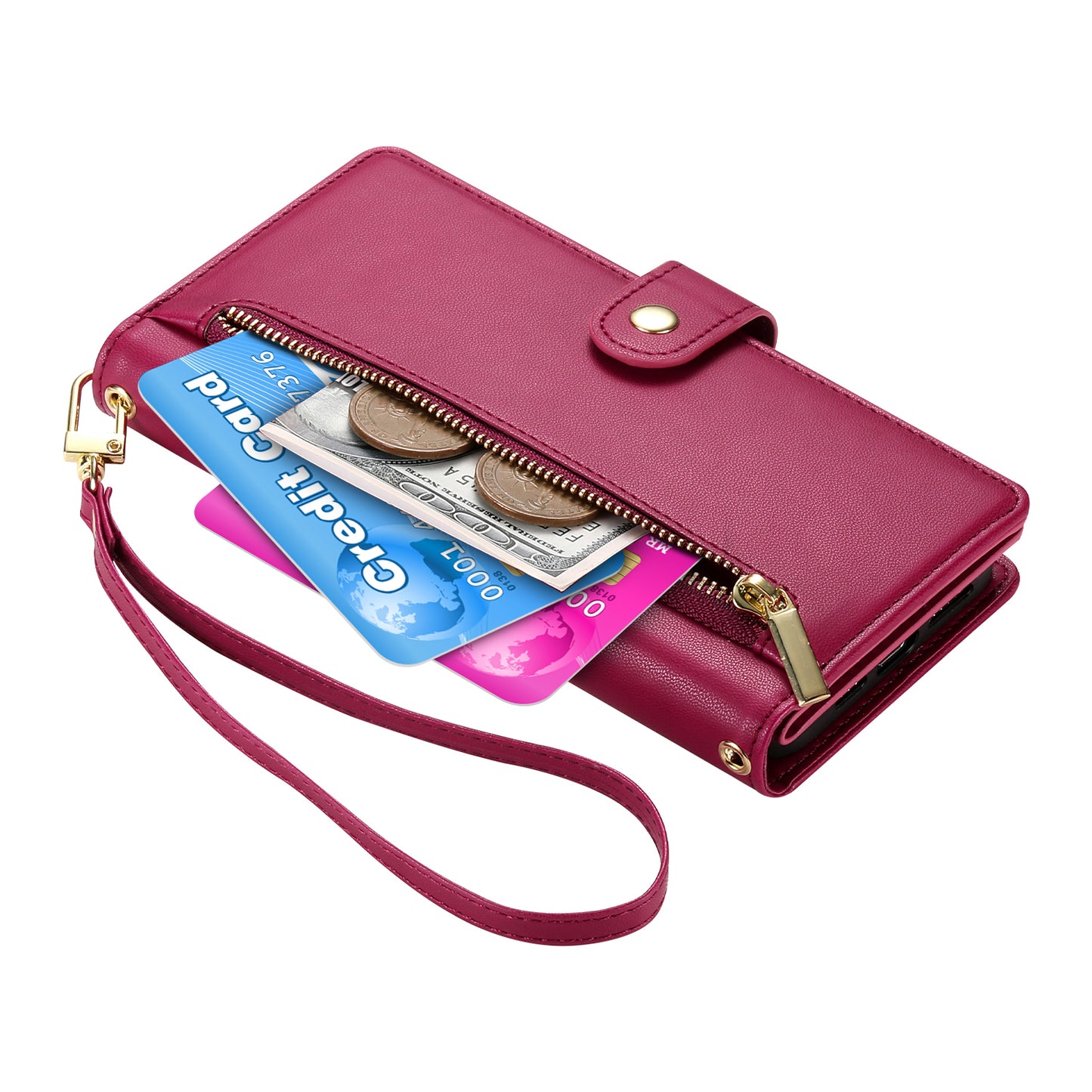 DF-011 For Samsung Galaxy A06 Case Zipper Pocket Wallet Leather Phone Cover with Straps - Red