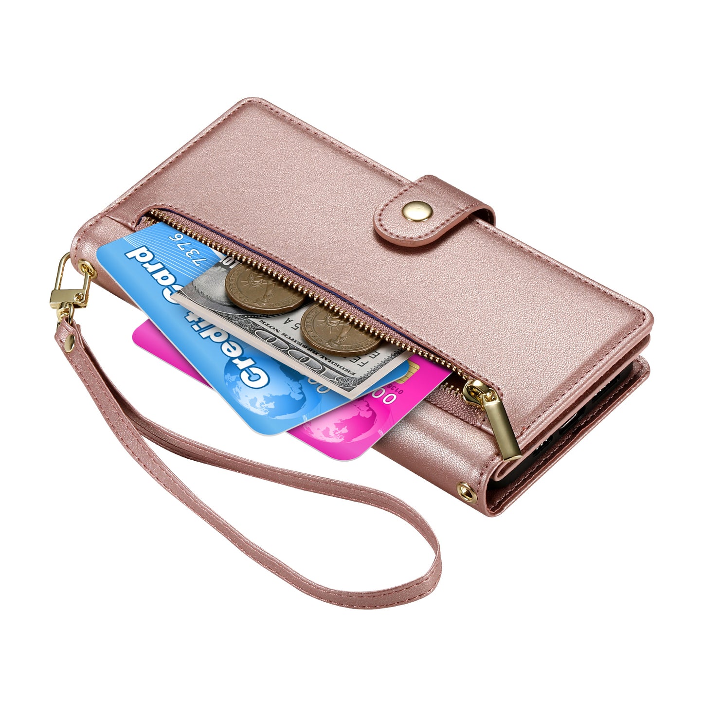 DF-011 For Samsung Galaxy A06 Case Zipper Pocket Wallet Leather Phone Cover with Straps - Pink