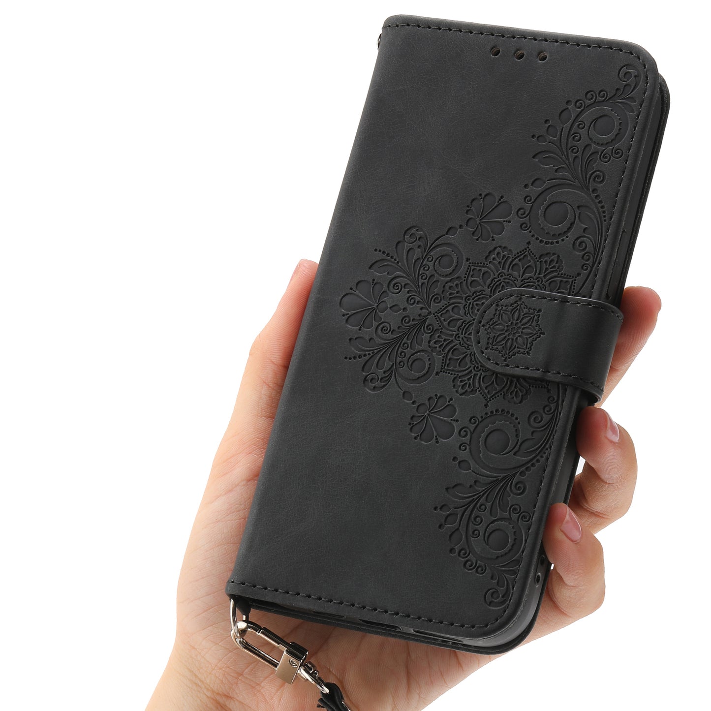 For Samsung Galaxy A06 Case Flower Pattern PU Leather Wallet Phone Cover with Strap - Black