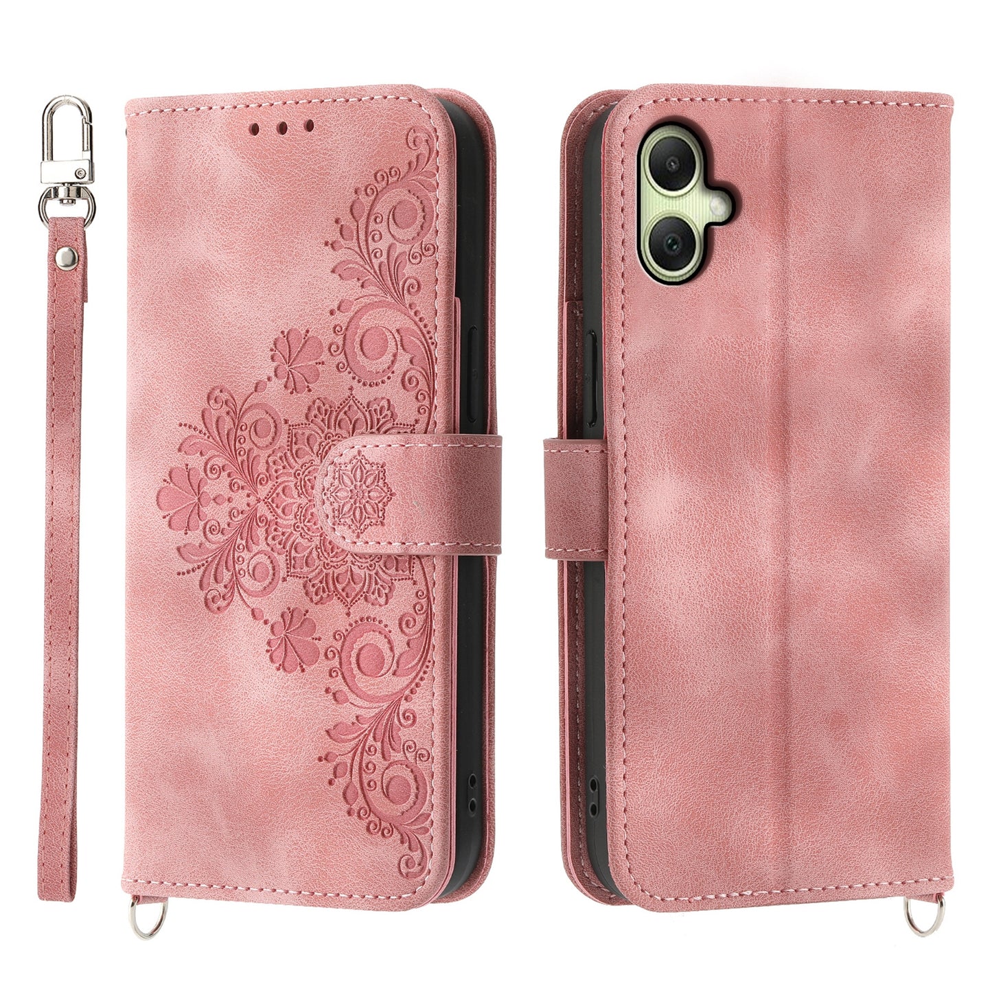 For Samsung Galaxy A06 Case Flower Pattern PU Leather Wallet Phone Cover with Strap - Pink
