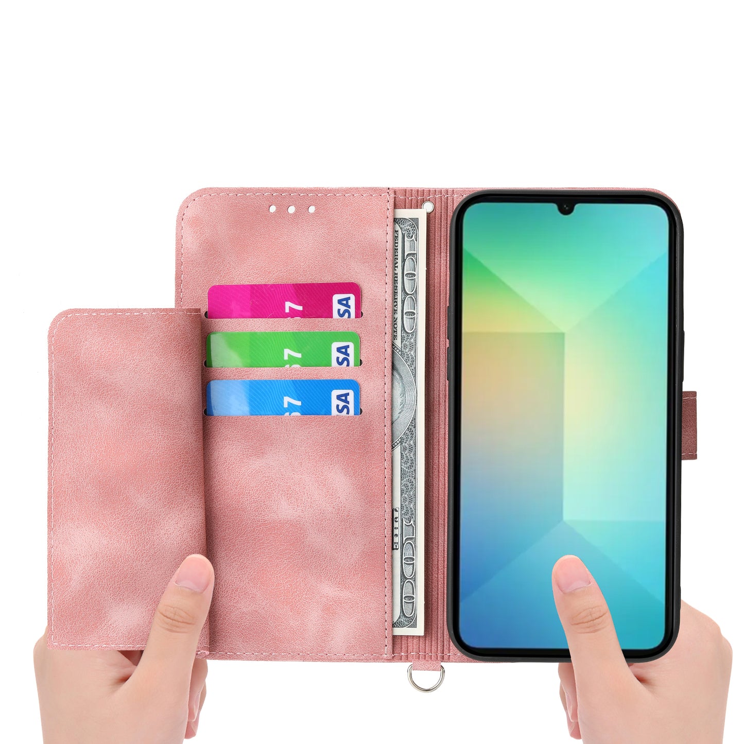 For Samsung Galaxy A06 Case Flower Pattern PU Leather Wallet Phone Cover with Strap - Pink