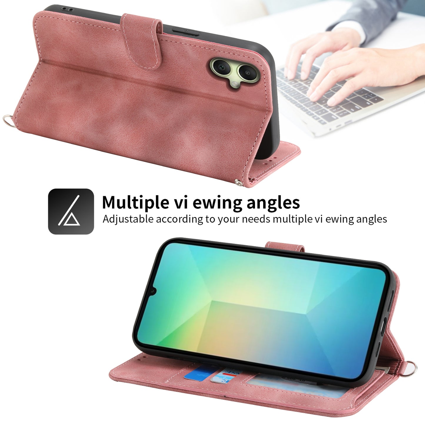 For Samsung Galaxy A06 Case Flower Pattern PU Leather Wallet Phone Cover with Strap - Pink