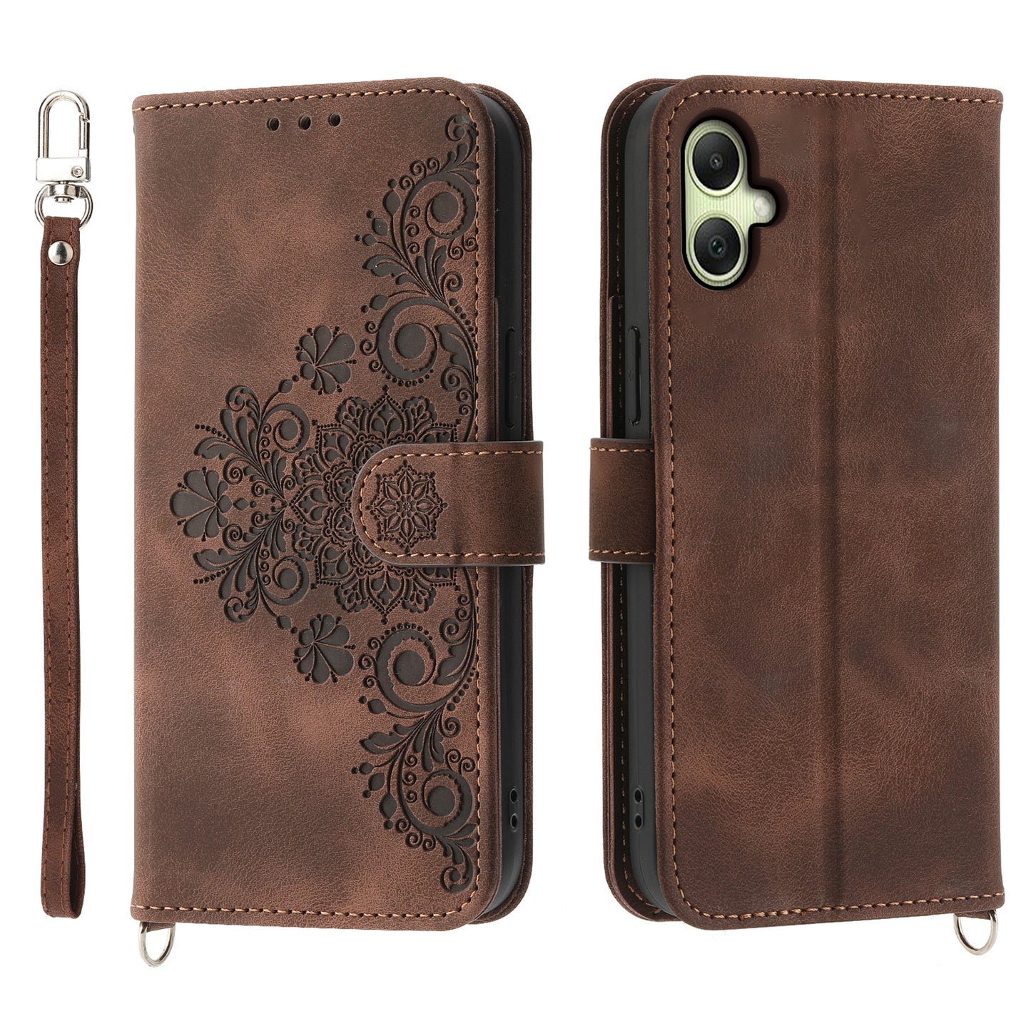 For Samsung Galaxy A06 Case Flower Pattern PU Leather Wallet Phone Cover with Strap - Brown