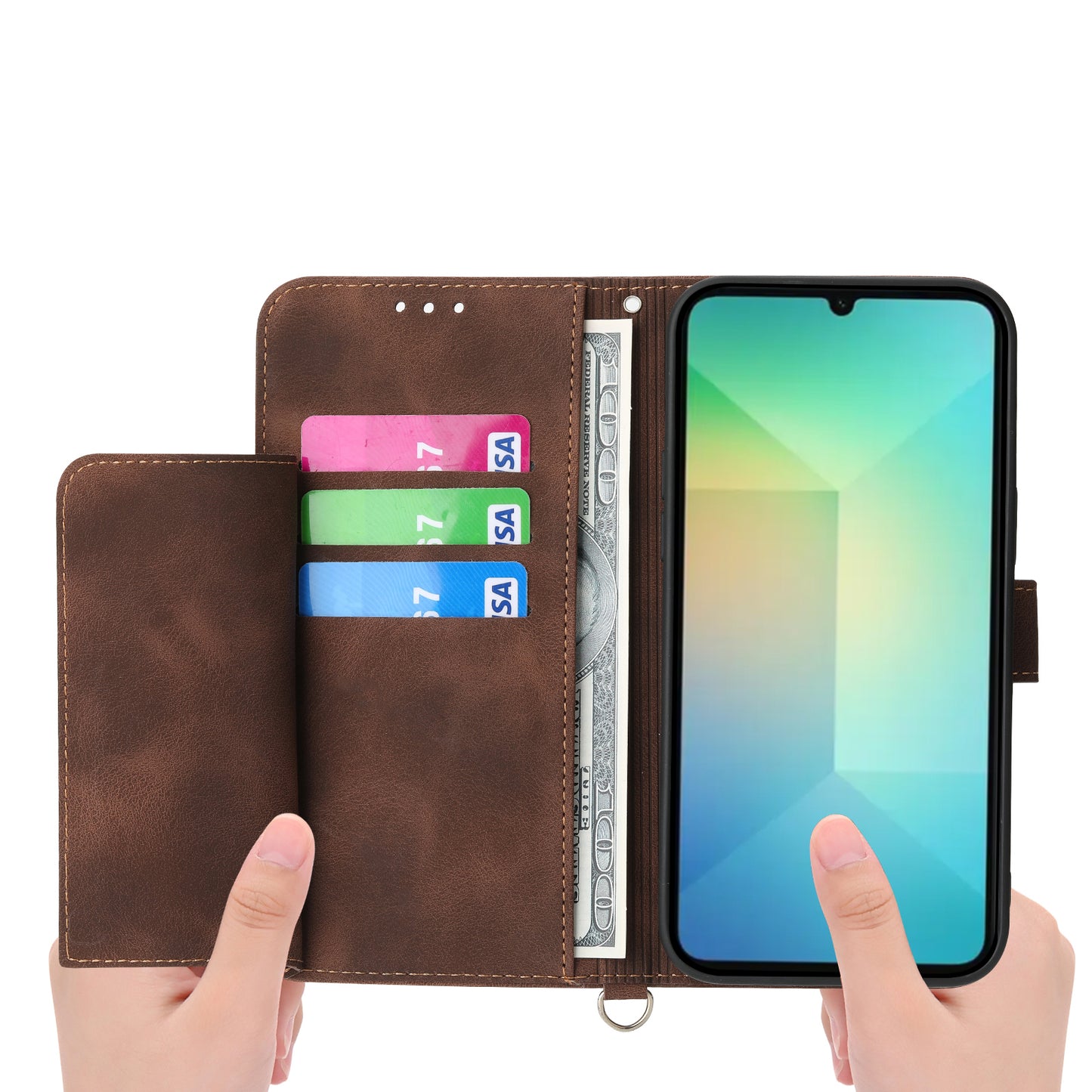 For Samsung Galaxy A06 Case Flower Pattern PU Leather Wallet Phone Cover with Strap - Brown