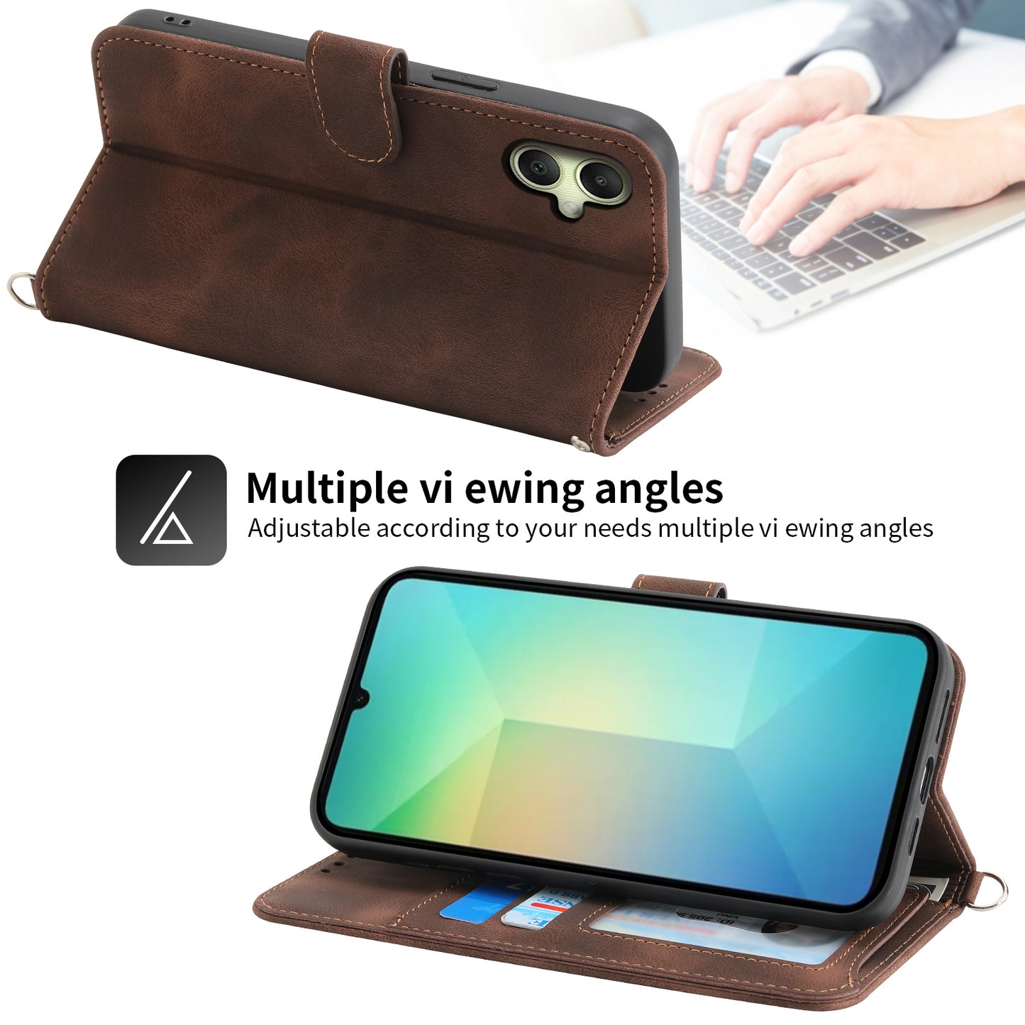 For Samsung Galaxy A06 Case Flower Pattern PU Leather Wallet Phone Cover with Strap - Brown