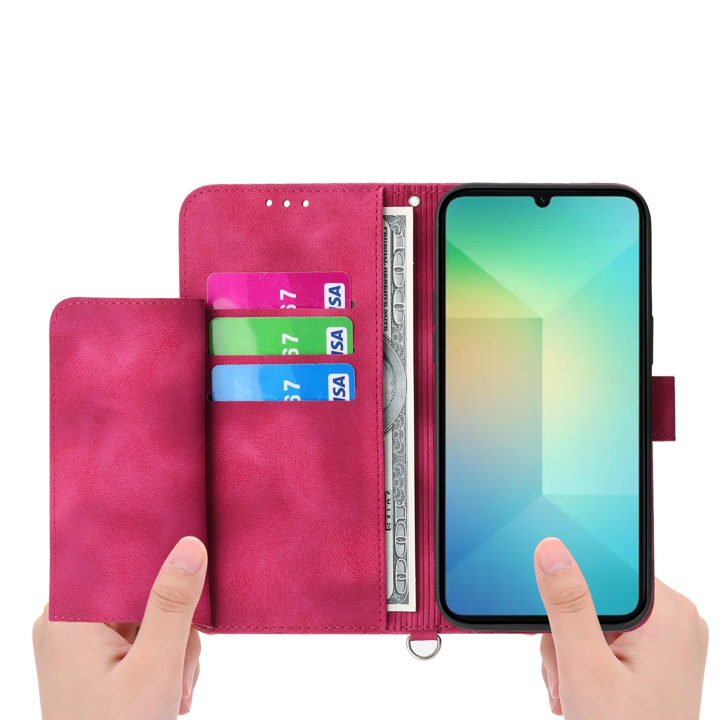 For Samsung Galaxy A06 Case Flower Pattern PU Leather Wallet Phone Cover with Strap - Wine Red