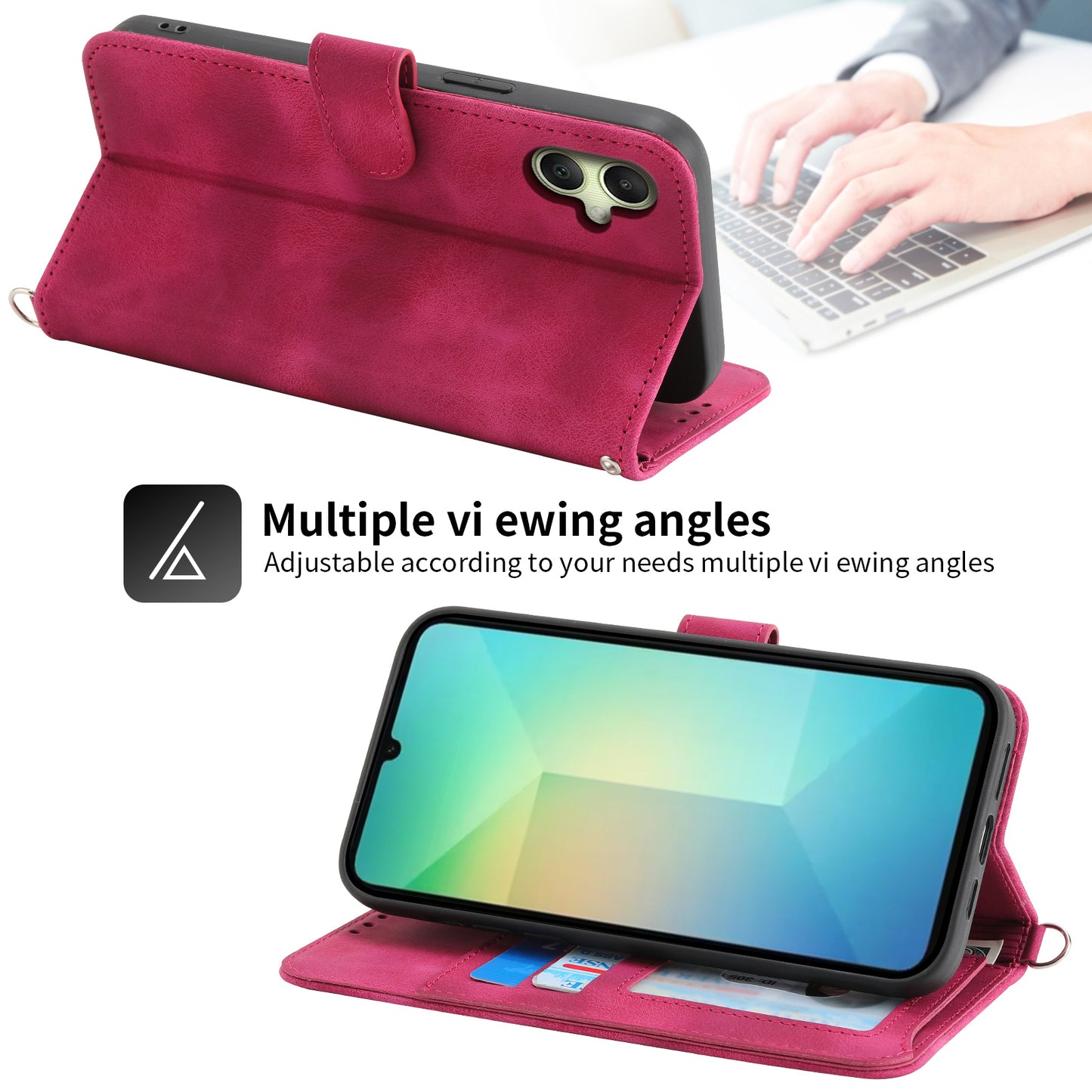 For Samsung Galaxy A06 Case Flower Pattern PU Leather Wallet Phone Cover with Strap - Wine Red