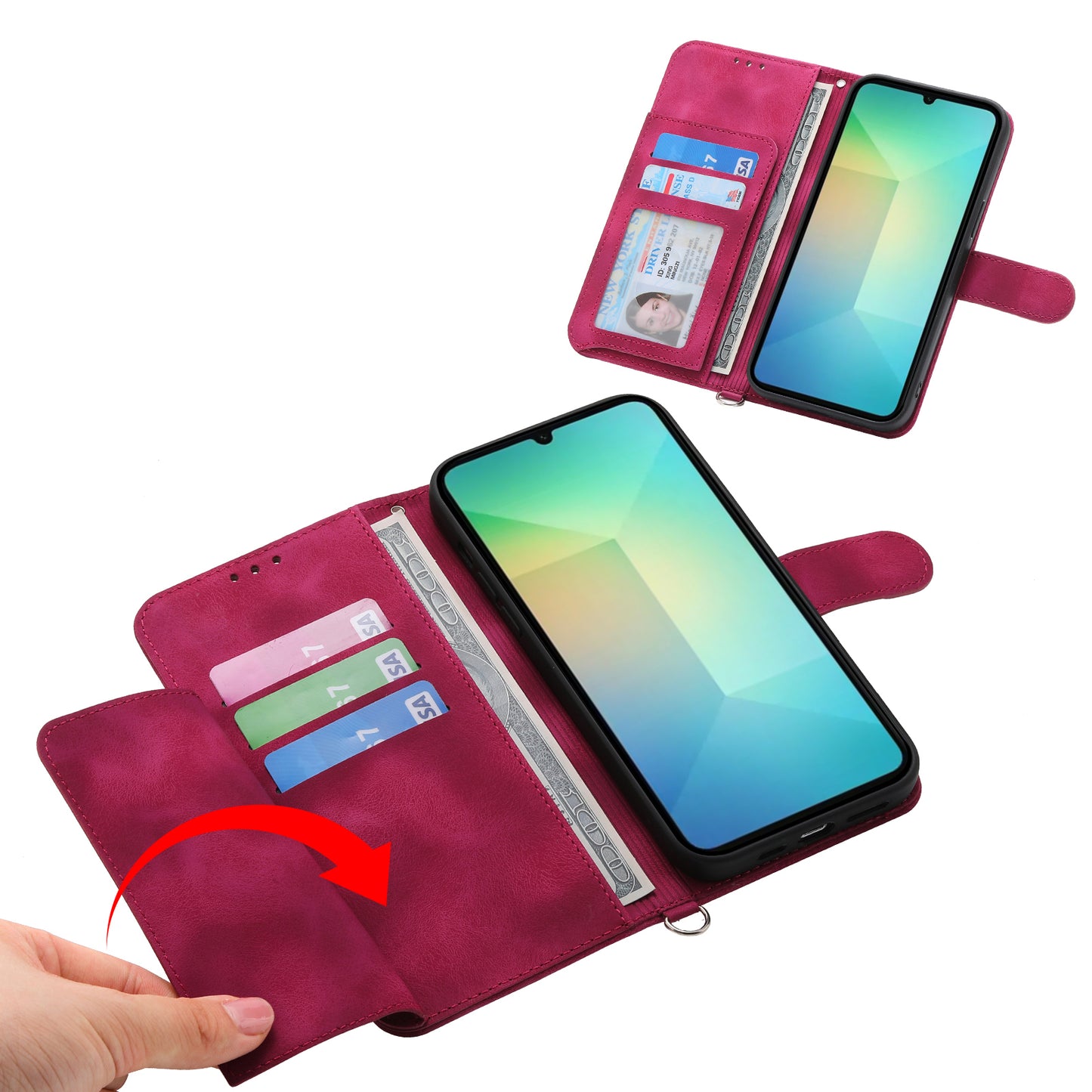 For Samsung Galaxy A06 Case Flower Pattern PU Leather Wallet Phone Cover with Strap - Wine Red