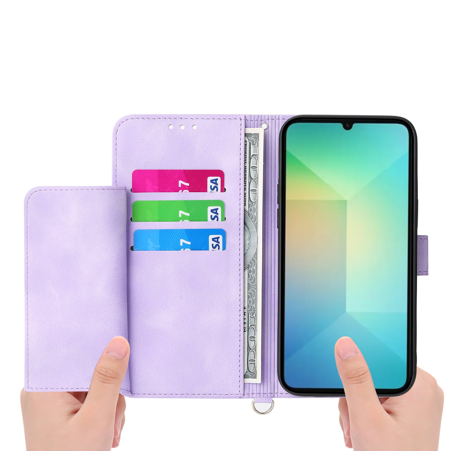 For Samsung Galaxy A06 Case Flower Pattern PU Leather Wallet Phone Cover with Strap - Light Purple