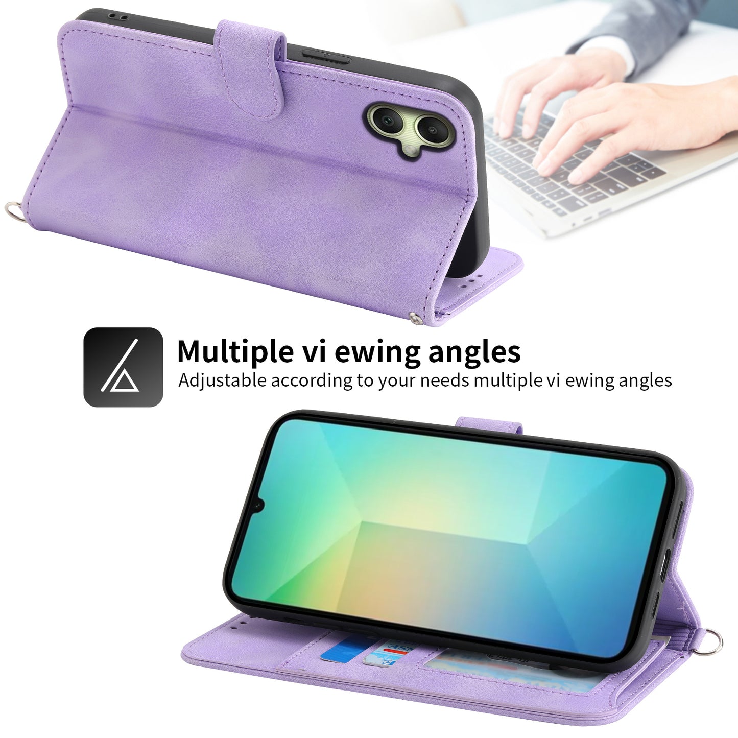 For Samsung Galaxy A06 Case Flower Pattern PU Leather Wallet Phone Cover with Strap - Light Purple