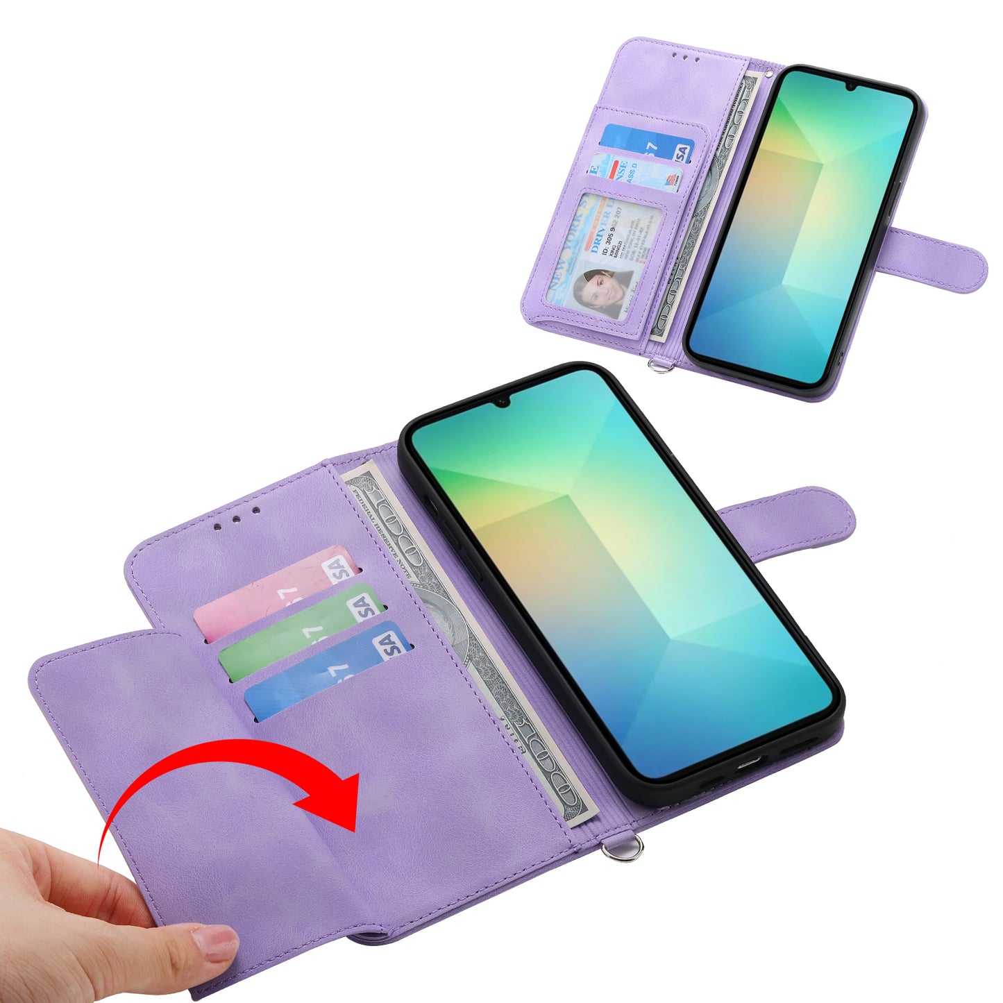 For Samsung Galaxy A06 Case Flower Pattern PU Leather Wallet Phone Cover with Strap - Light Purple