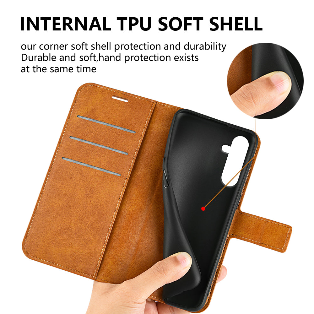 For Samsung Galaxy A16 5G / A16 4G Stand Case Anti-Scratch Calf Texture Leather Phone Cover - Yellow