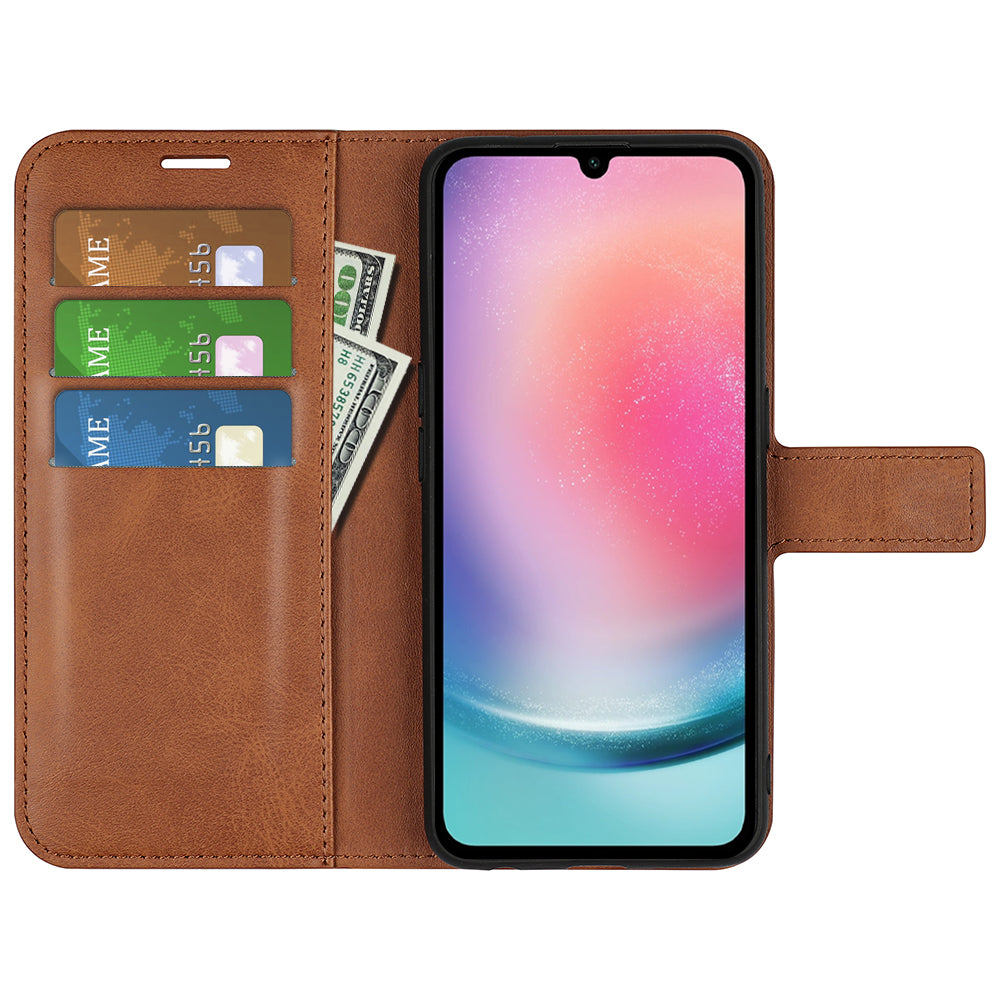 For Samsung Galaxy A16 5G / A16 4G Stand Case Anti-Scratch Calf Texture Leather Phone Cover - Light Brown