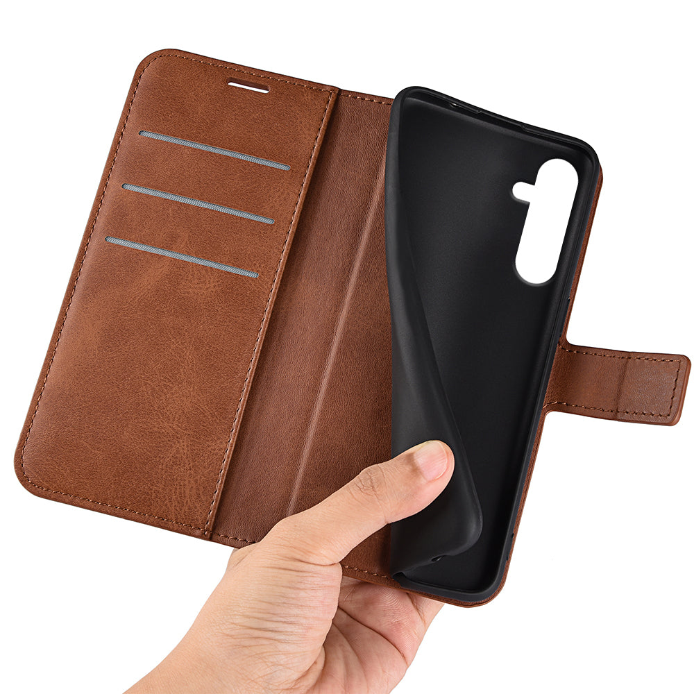 For Samsung Galaxy A16 5G / A16 4G Stand Case Anti-Scratch Calf Texture Leather Phone Cover - Light Brown