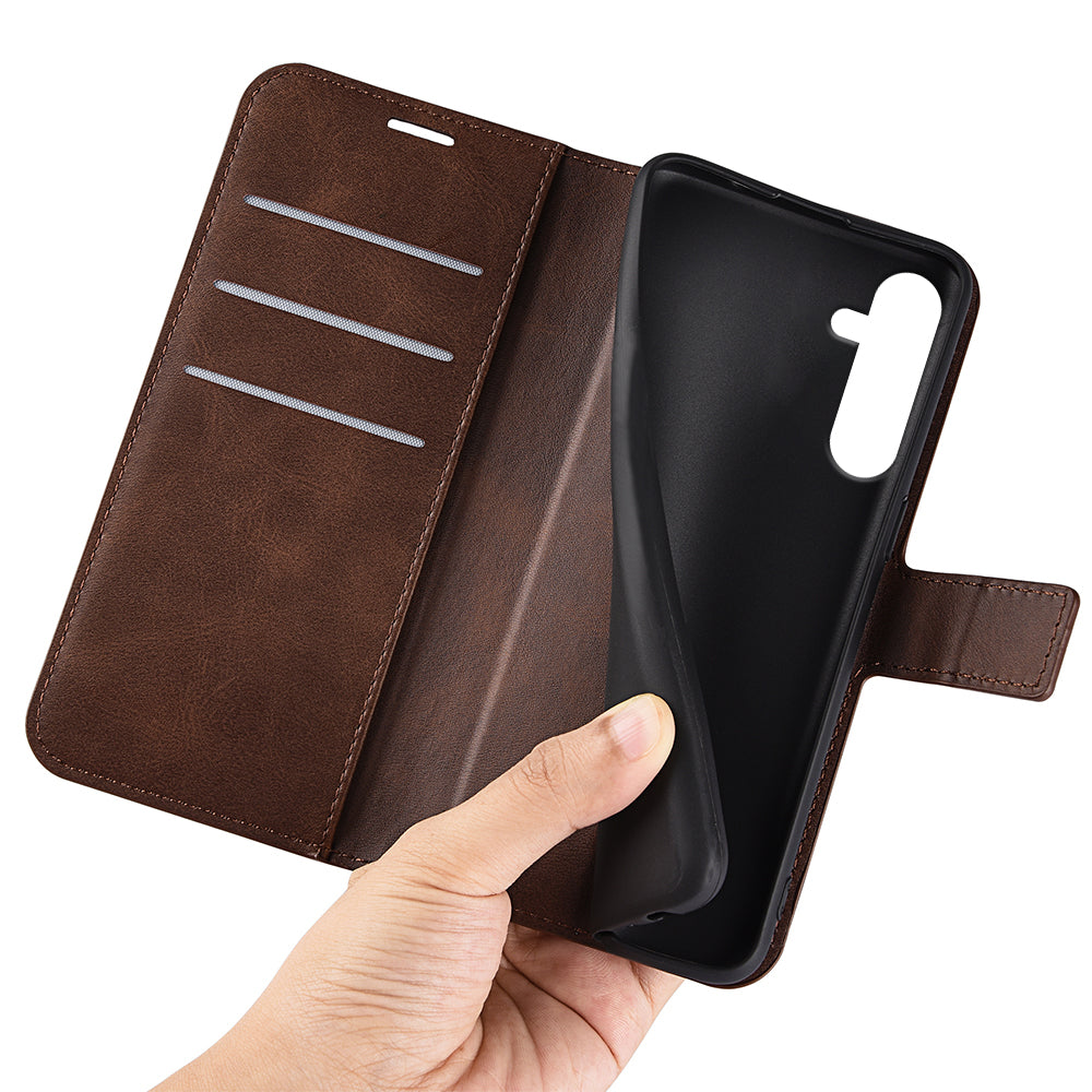 For Samsung Galaxy A16 5G / A16 4G Stand Case Anti-Scratch Calf Texture Leather Phone Cover - Brown
