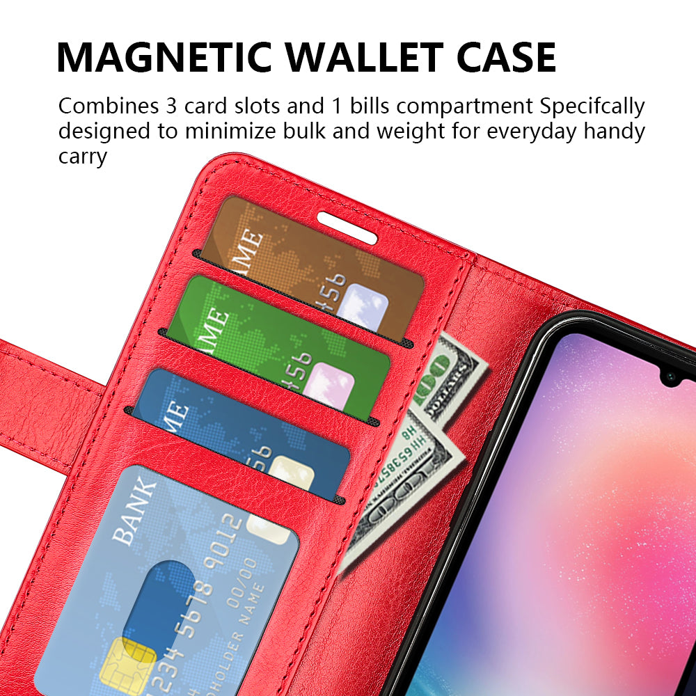 For Samsung Galaxy A16 5G / A16 4G Wallet Case Crazy Horse Texture Stand Leather Phone Cover - Red