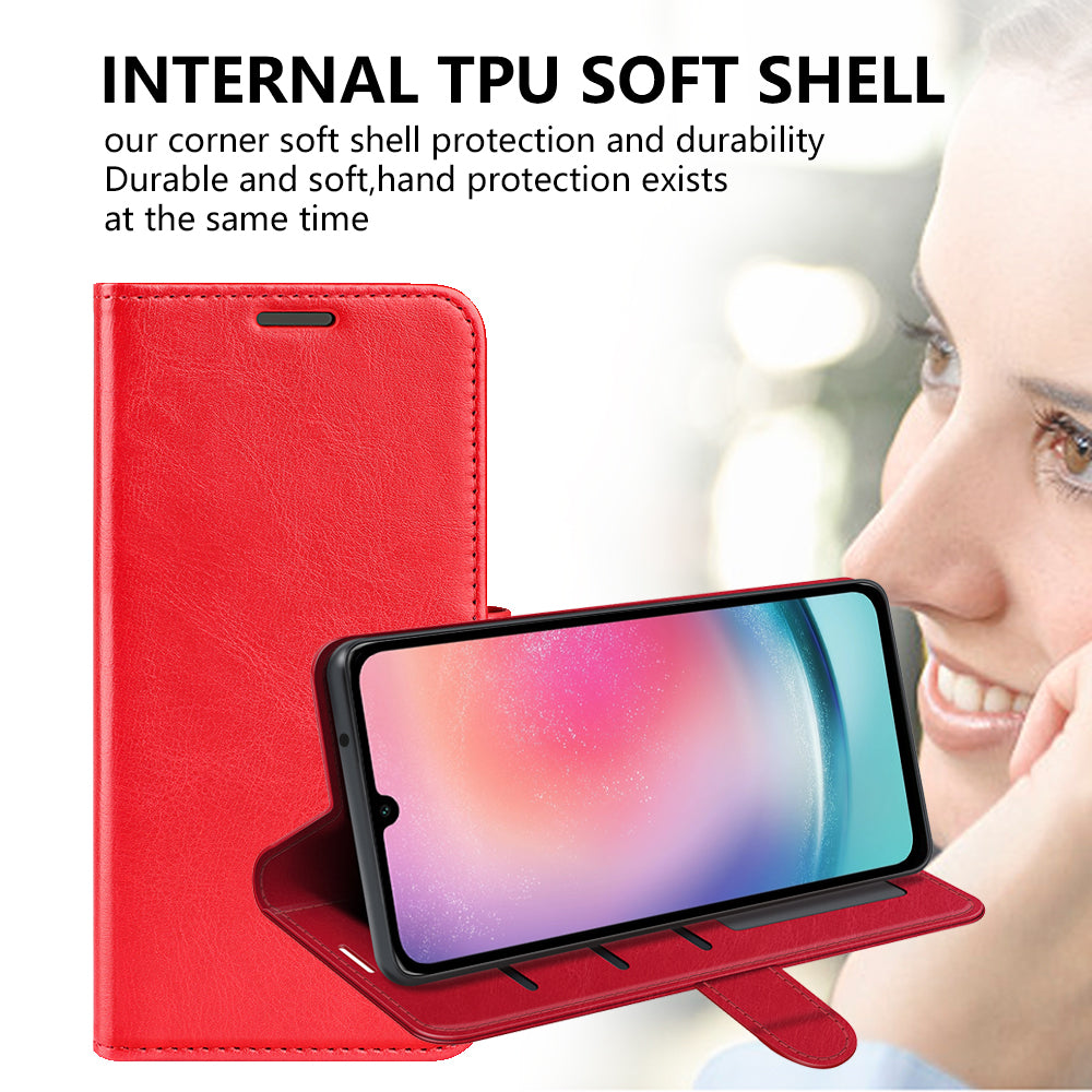 For Samsung Galaxy A16 5G / A16 4G Wallet Case Crazy Horse Texture Stand Leather Phone Cover - Red