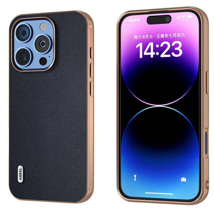 ABEEL For iPhone 16 Pro Case Electroplating Genuine Cow Leather PC Phone Cover - Blue