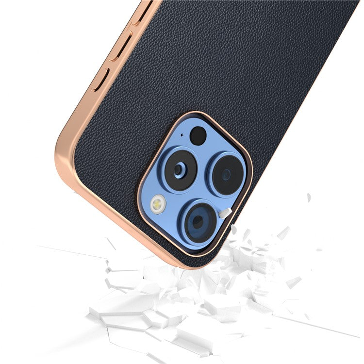 ABEEL For iPhone 16 Pro Case Electroplating Genuine Cow Leather PC Phone Cover - Blue