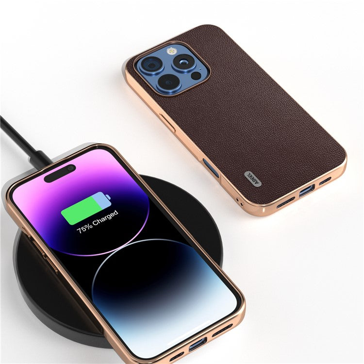 ABEEL For iPhone 16 Pro Case Electroplating Genuine Cow Leather PC Phone Cover - Coffee