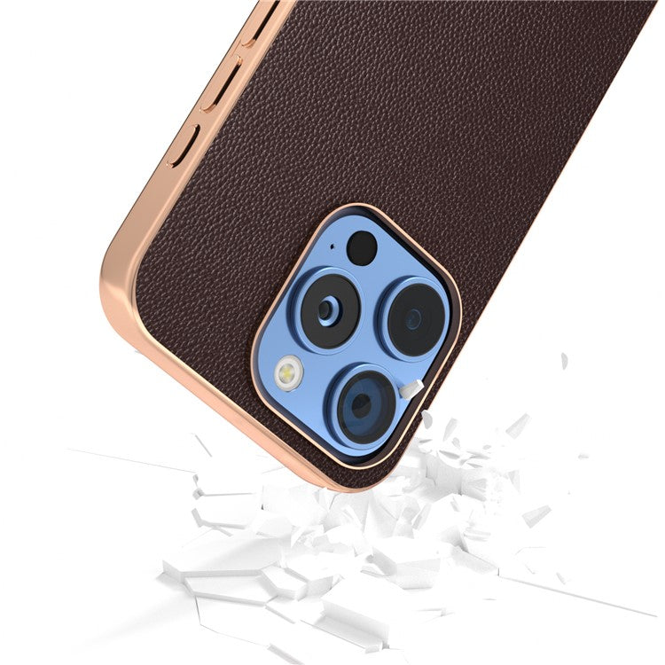 ABEEL For iPhone 16 Pro Case Electroplating Genuine Cow Leather PC Phone Cover - Coffee