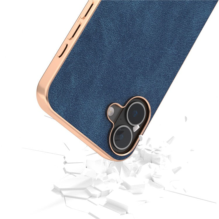 For iPhone 16 Case Electroplating PC Leather Shockproof Back Cover - Blue