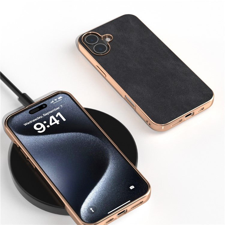 For iPhone 16 Case Electroplating PC Leather Shockproof Back Cover - Black