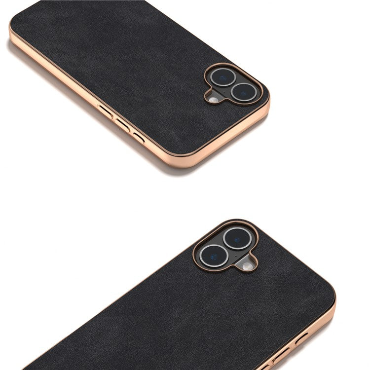 For iPhone 16 Case Electroplating PC Leather Shockproof Back Cover - Black