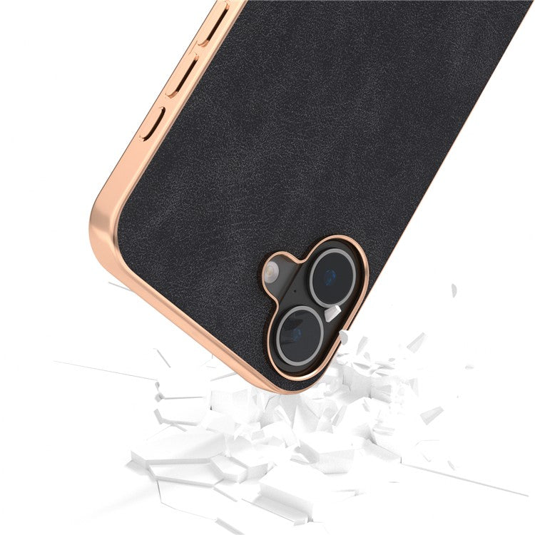 For iPhone 16 Case Electroplating PC Leather Shockproof Back Cover - Black