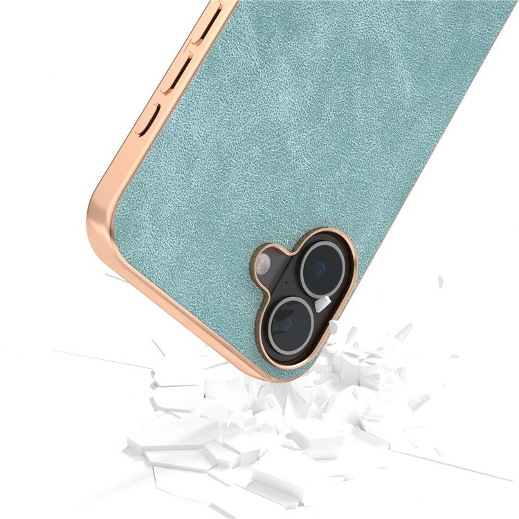 For iPhone 16 Case Electroplating PC Leather Shockproof Back Cover - Baby Blue
