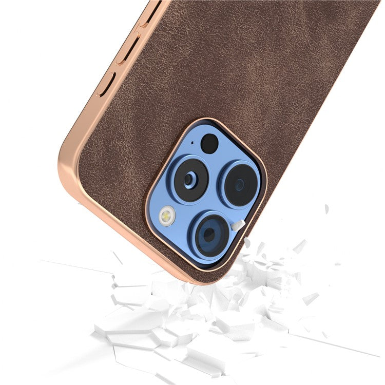 For iPhone 16 Pro Case Electroplating PC Leather Shockproof Back Cover - Brown