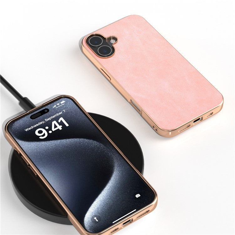 For iPhone 16 Plus Case Electroplating PC Leather Shockproof Back Cover - Pink