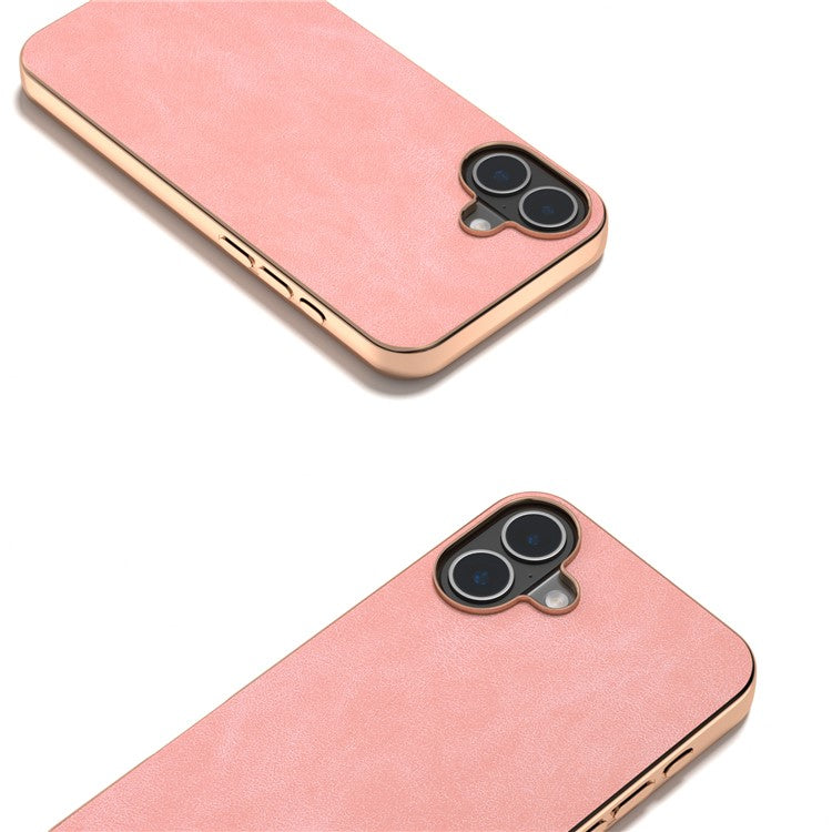 For iPhone 16 Plus Case Electroplating PC Leather Shockproof Back Cover - Pink