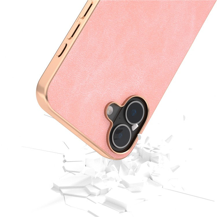 For iPhone 16 Plus Case Electroplating PC Leather Shockproof Back Cover - Pink