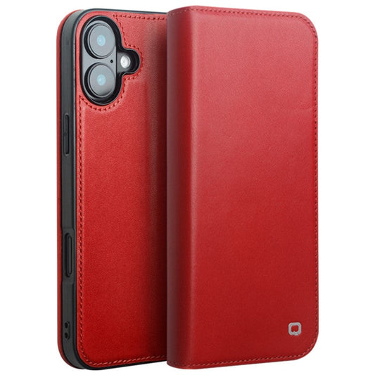 QIALINO For iPhone 16 Plus Stand Case Anti Drop Genuine Cow Leather Wallet Phone Cover - Red