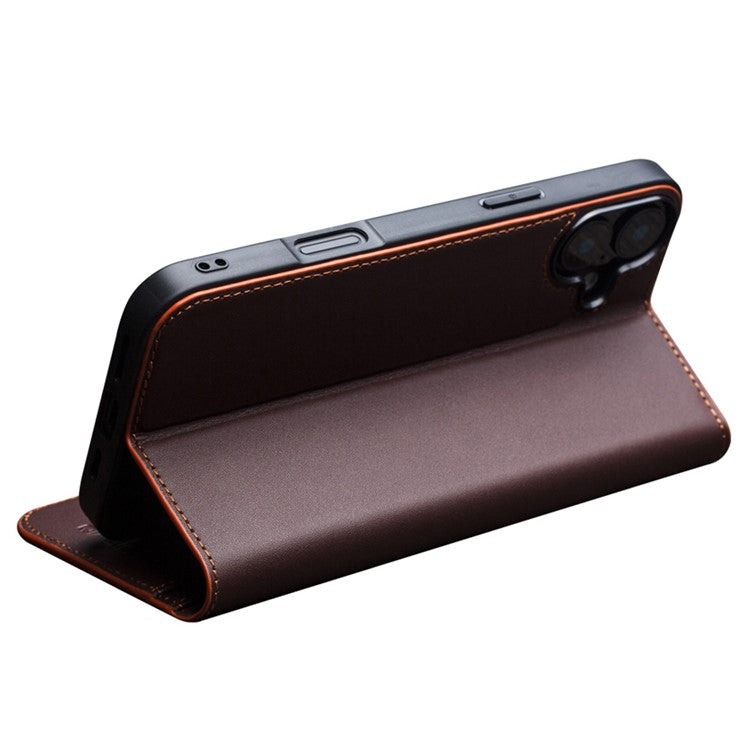 QIALINO For iPhone 16 Stand Case Anti-Drop Genuine Cow Leather Wallet Phone Cover - Brown