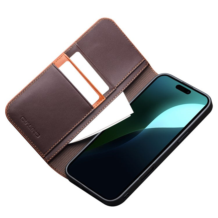 QIALINO For iPhone 16 Stand Case Anti-Drop Genuine Cow Leather Wallet Phone Cover - Brown