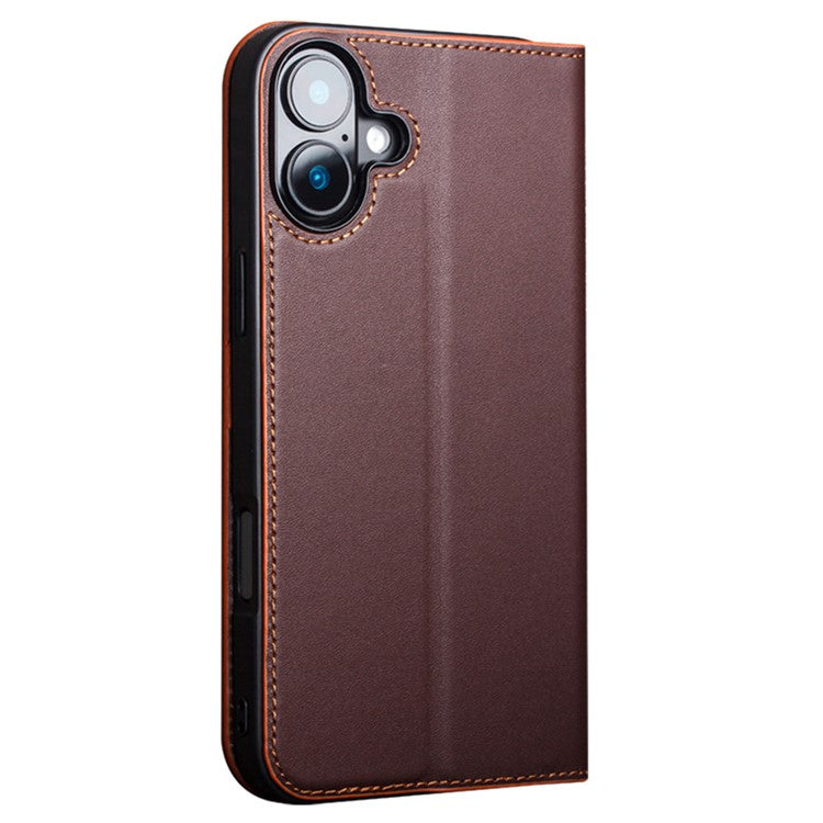 QIALINO For iPhone 16 Stand Case Anti-Drop Genuine Cow Leather Wallet Phone Cover - Brown