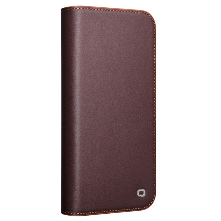 QIALINO For iPhone 16 Stand Case Anti-Drop Genuine Cow Leather Wallet Phone Cover - Brown