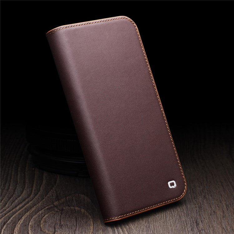 QIALINO For iPhone 16 Stand Case Anti-Drop Genuine Cow Leather Wallet Phone Cover - Brown