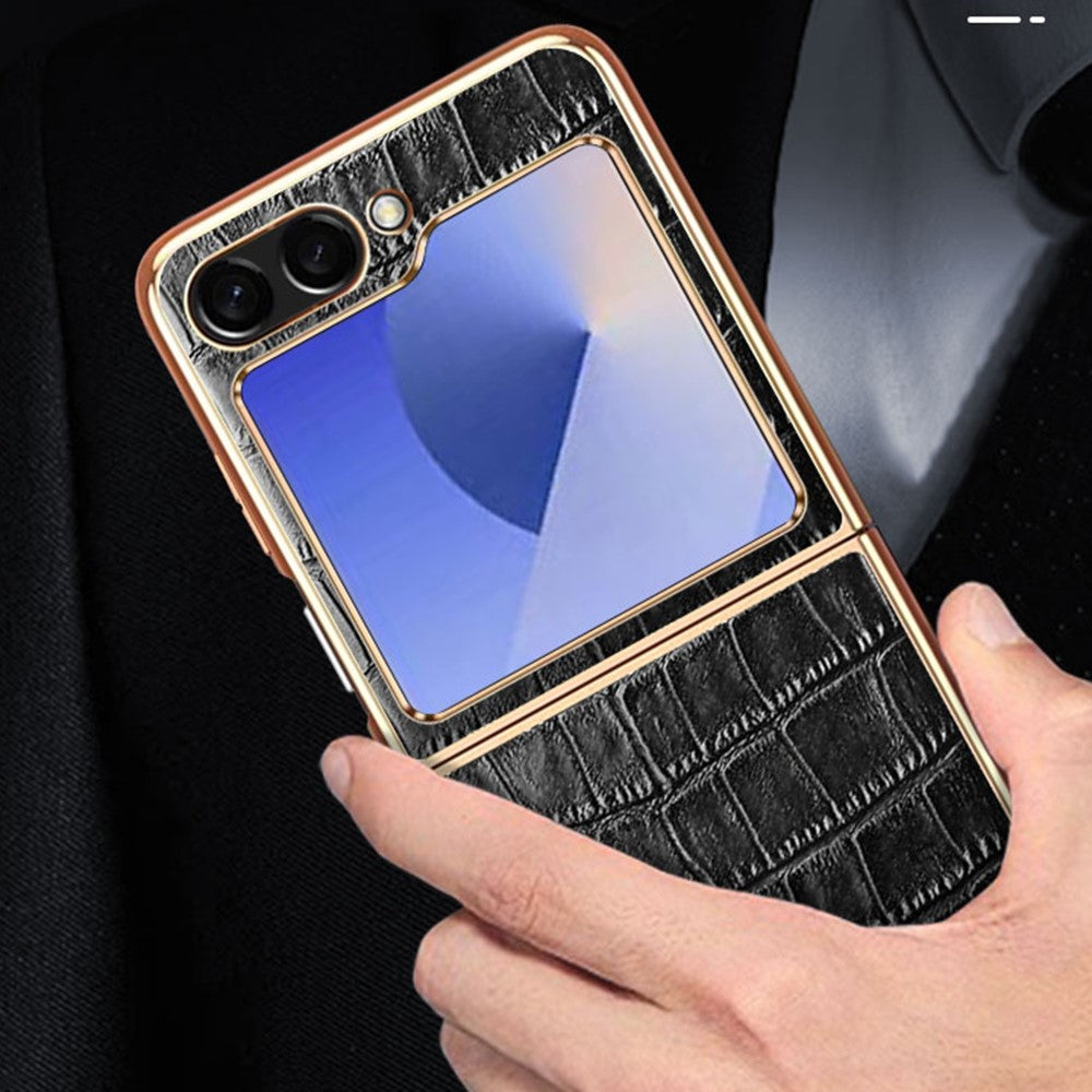 For Samsung Galaxy Z Flip7 FE 5G / Z Flip6 5G Case Crocodile Texture Genuine Cow Leather+PC Phone Cover - Black