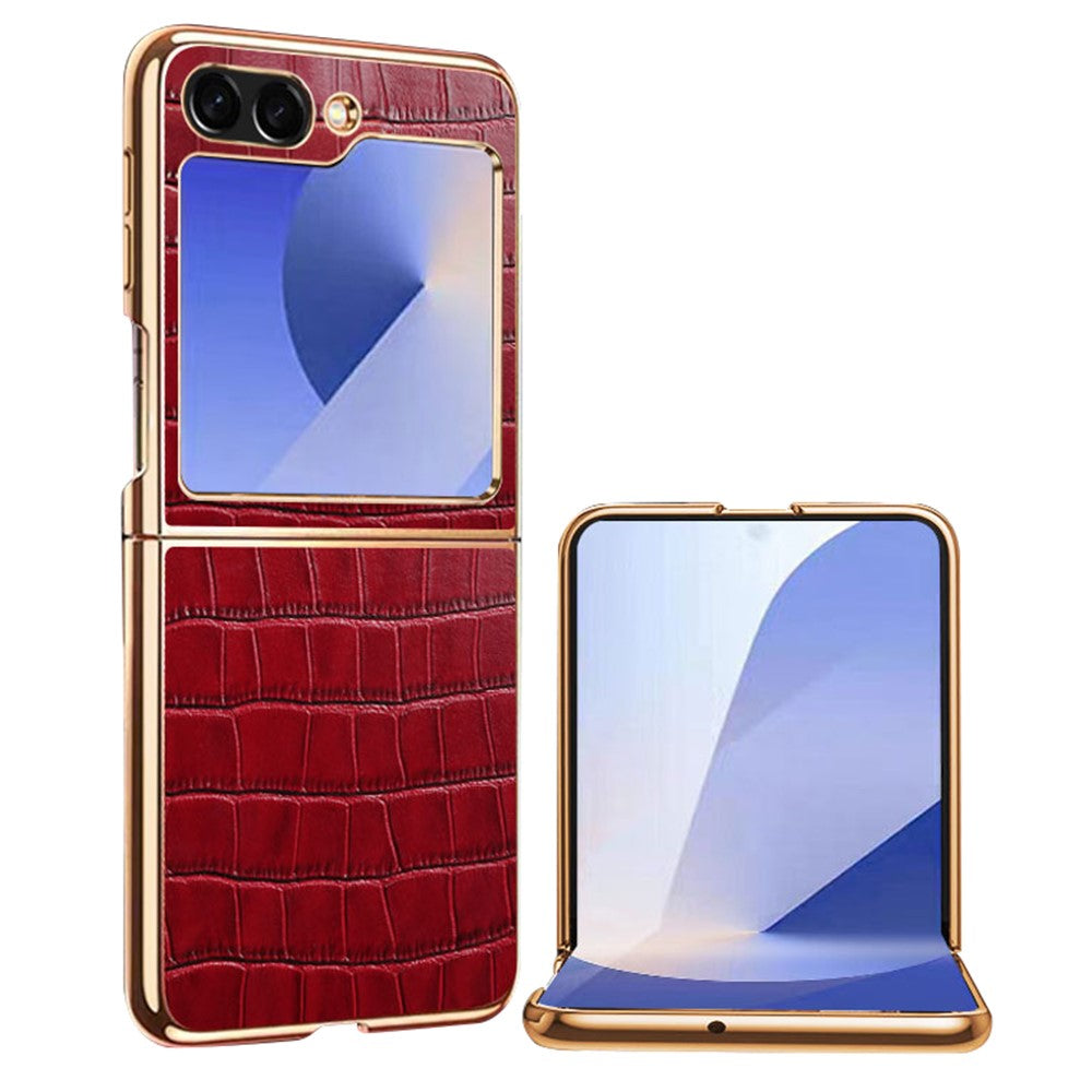 For Samsung Galaxy Z Flip7 FE 5G / Z Flip6 5G Case Crocodile Texture Genuine Cow Leather+PC Phone Cover - Red