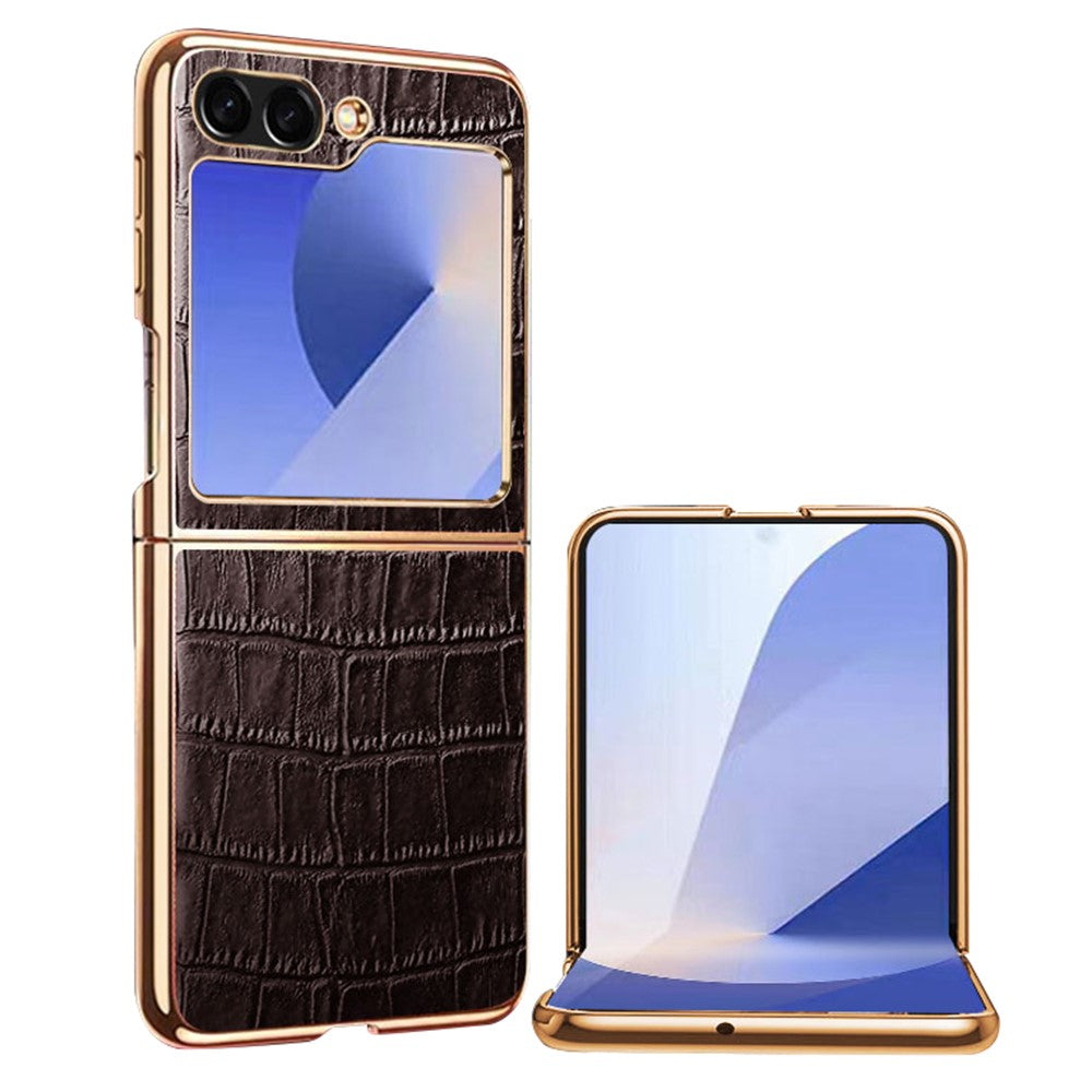 For Samsung Galaxy Z Flip7 FE 5G / Z Flip6 5G Case Crocodile Texture Genuine Cow Leather+PC Phone Cover - Coffee