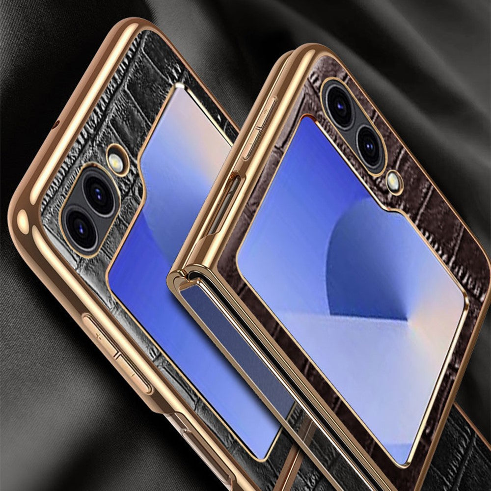 For Samsung Galaxy Z Flip7 FE 5G / Z Flip6 5G Case Crocodile Texture Genuine Cow Leather+PC Phone Cover - Coffee