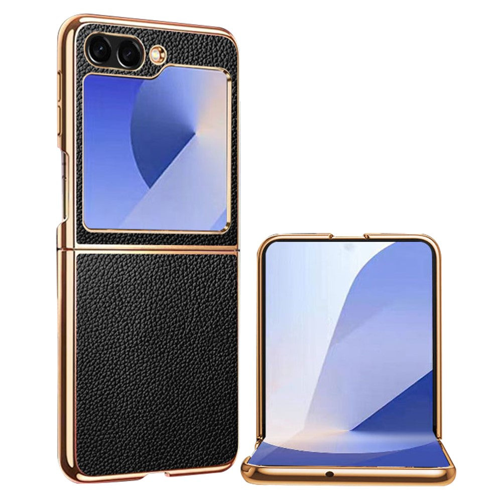 For Samsung Galaxy Z Flip7 FE 5G / Z Flip6 5G Case Litchi Texture Genuine Cow Leather+PC Phone Cover - Black