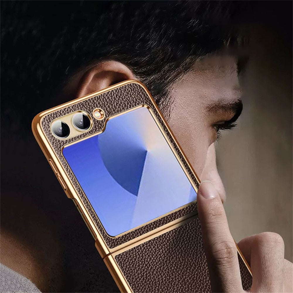 For Samsung Galaxy Z Flip7 FE 5G / Z Flip6 5G Case Litchi Texture Genuine Cow Leather+PC Phone Cover - Black